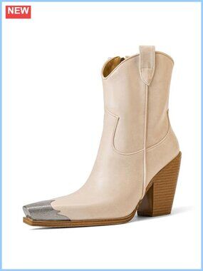 Engraved Steel Toe Cowboy Ankle Boots Stacked Block Heel Faux Leather
